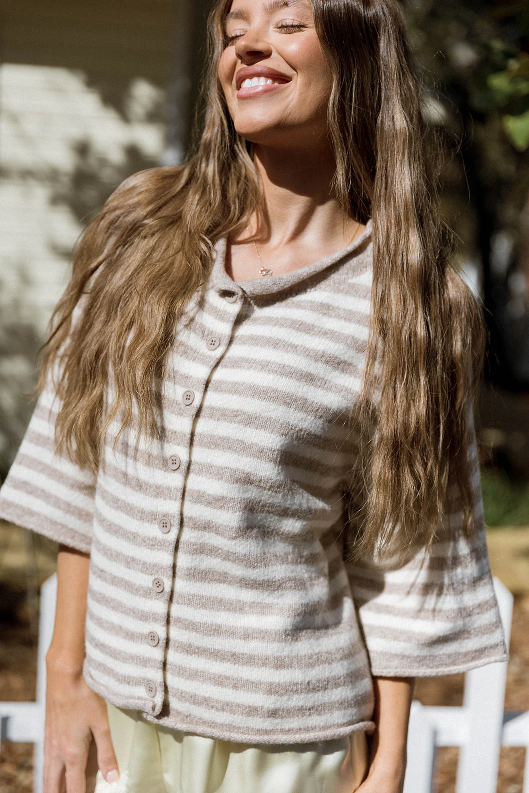 Imogen Striped 3/4 Sleeve Cardigan Top in Taupe Cream - Image 8