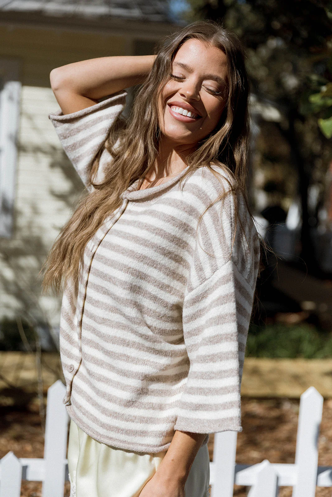 Imogen Striped 3/4 Sleeve Cardigan Top in Taupe Cream - Image 9