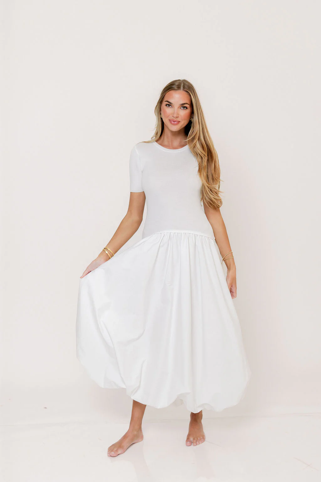 Zaniyah Bubble Skirt Midi Dress in White
