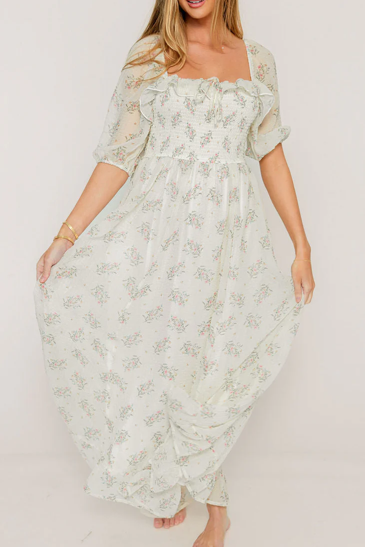 Elle Smocked Floral Ruffle Maxi Dress in Creme Floral