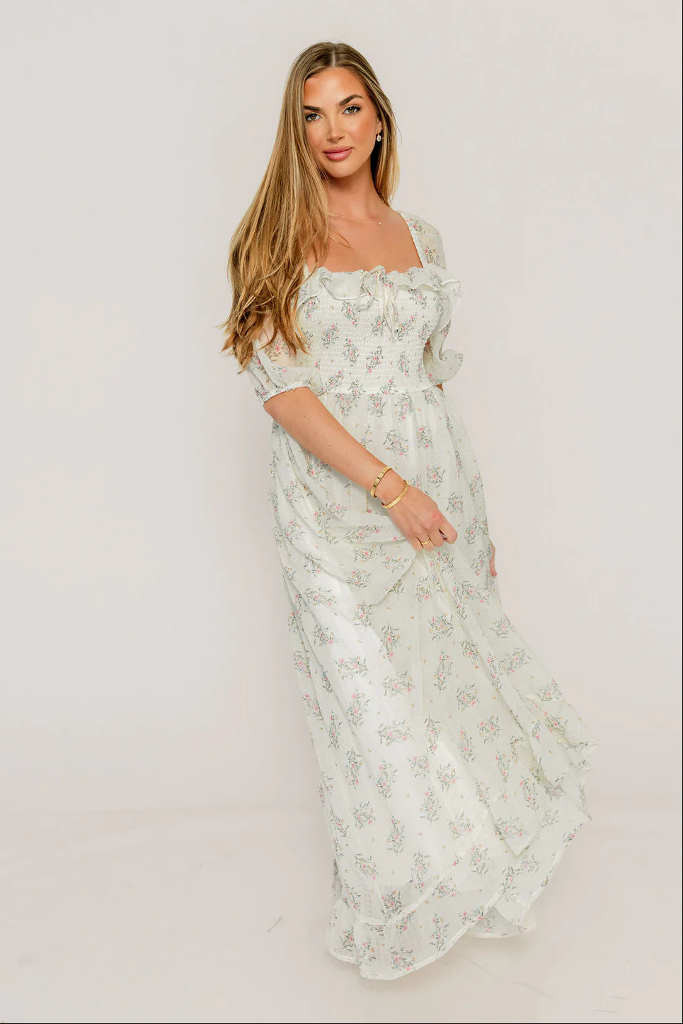 Elle Smocked Floral Ruffle Maxi Dress in Creme Floral - Image 2