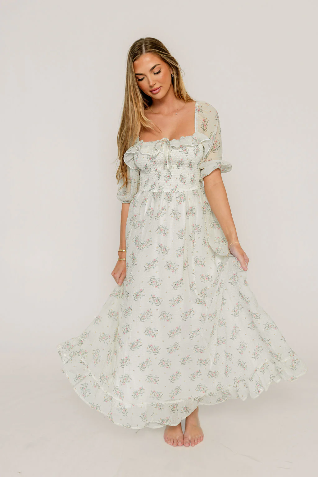 Elle Smocked Floral Ruffle Maxi Dress in Creme Floral - Image 5